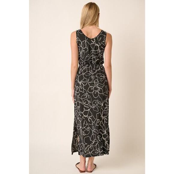 Mittoshop Side Slit Flower Print V-Neck Side Slit Sleeveless Maxi Dress | Black - Picture 2 of 7